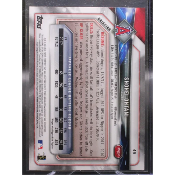 2018 topps bowman baseball shohei ohtani 49 sky blue paper /499