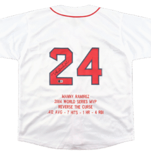Autographed/Signed Manny Ramirez Career Highlight Stat Jersey (Beckett)